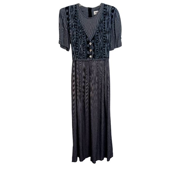 Vintage Maxi Blue Dress Tie Back Vest Crinkle Rayon MOTHER OF PEARL BUTTONS - Picture 6 of 15